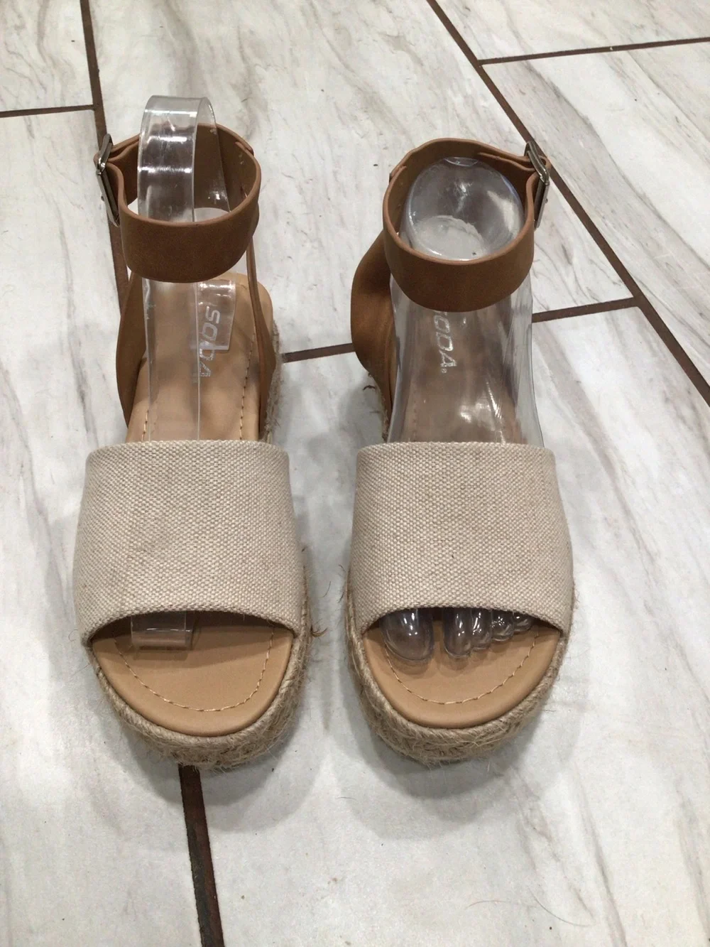Soda TOPIC Espadrille Platform Wedge Sandals Beige Tan Canvas Women’s Size 7.5